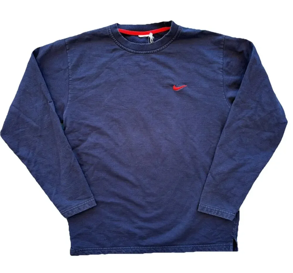 VTG Nike Navy Cotton Crew Neck Sweatshirt Swoosh Classic Red Logo Small WORN